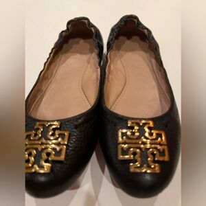 Tory Burch Black Leather Flats with Gold Accents